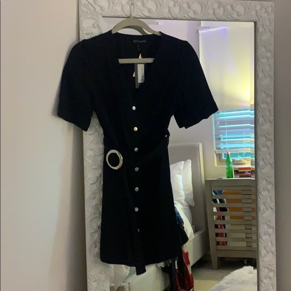 Black buckle belt denim mini dress